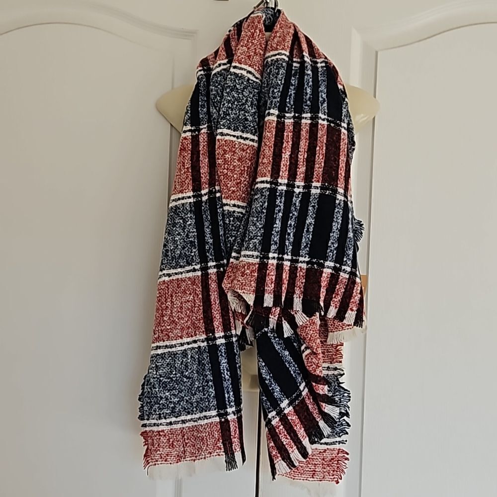 Just Cozy Blanket Fringed Scarf Red & Blue